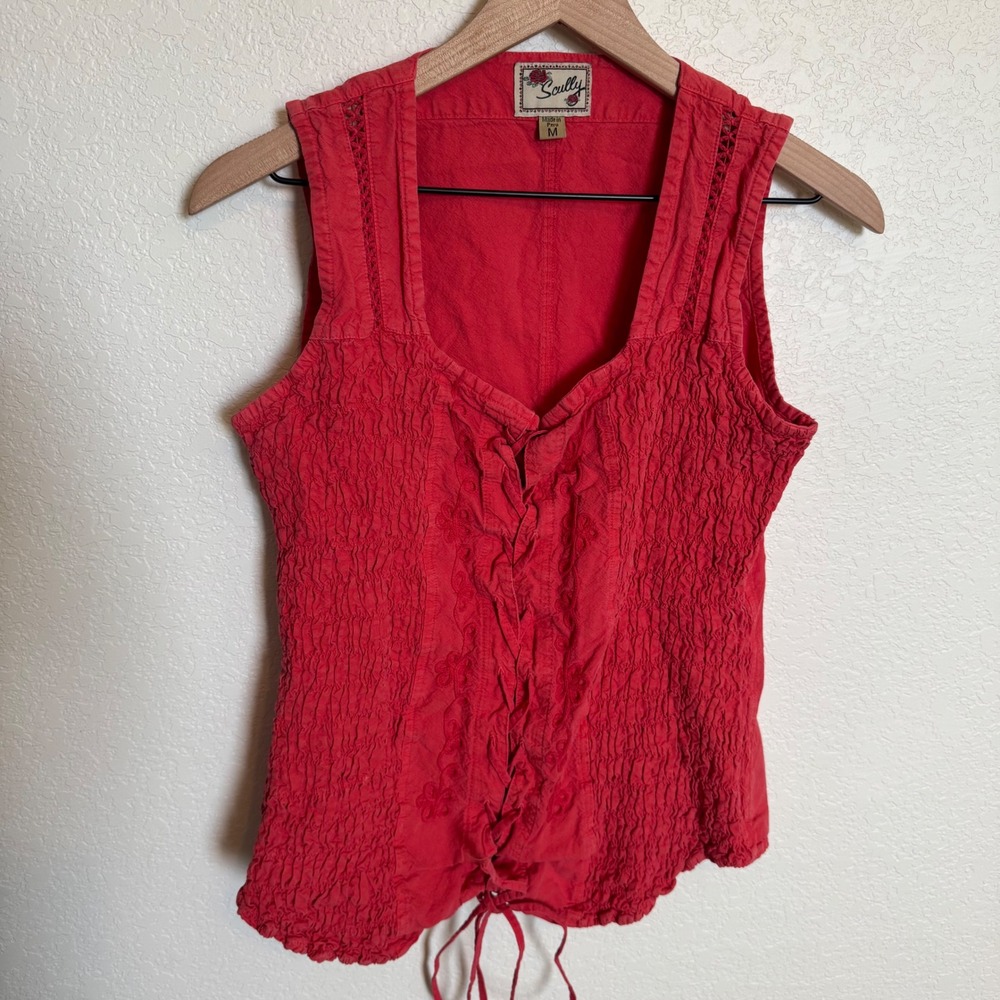 Vintage 90s Western Cottagecore Scully Lace Up Embroidered Top Size Medium Red